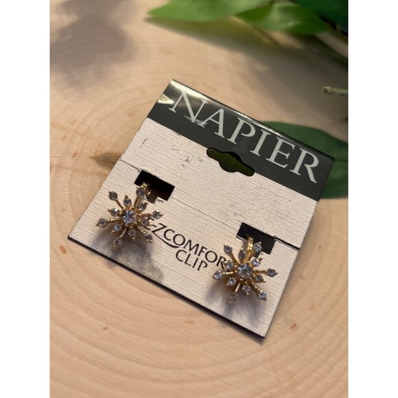 Napier Gold-Tone Snowflake Clip-On Earrings With Clear Crystal Accents - Picture 2 of 10
